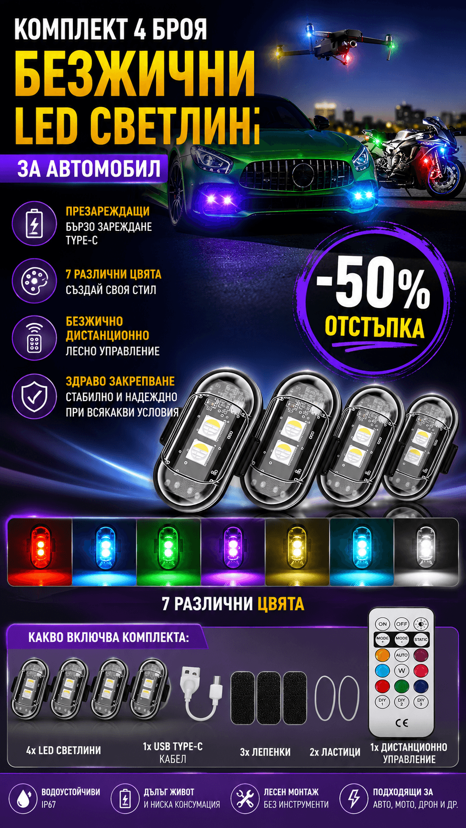 Безжични LED светлини за автомобил / дрон (4 бр.) — снимка 1
