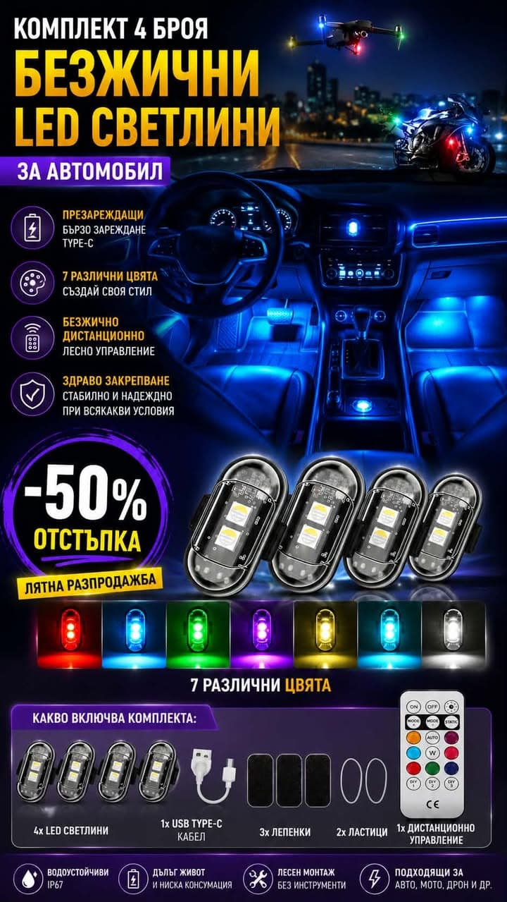 Безжични LED светлини за автомобил / дрон (4 бр.)