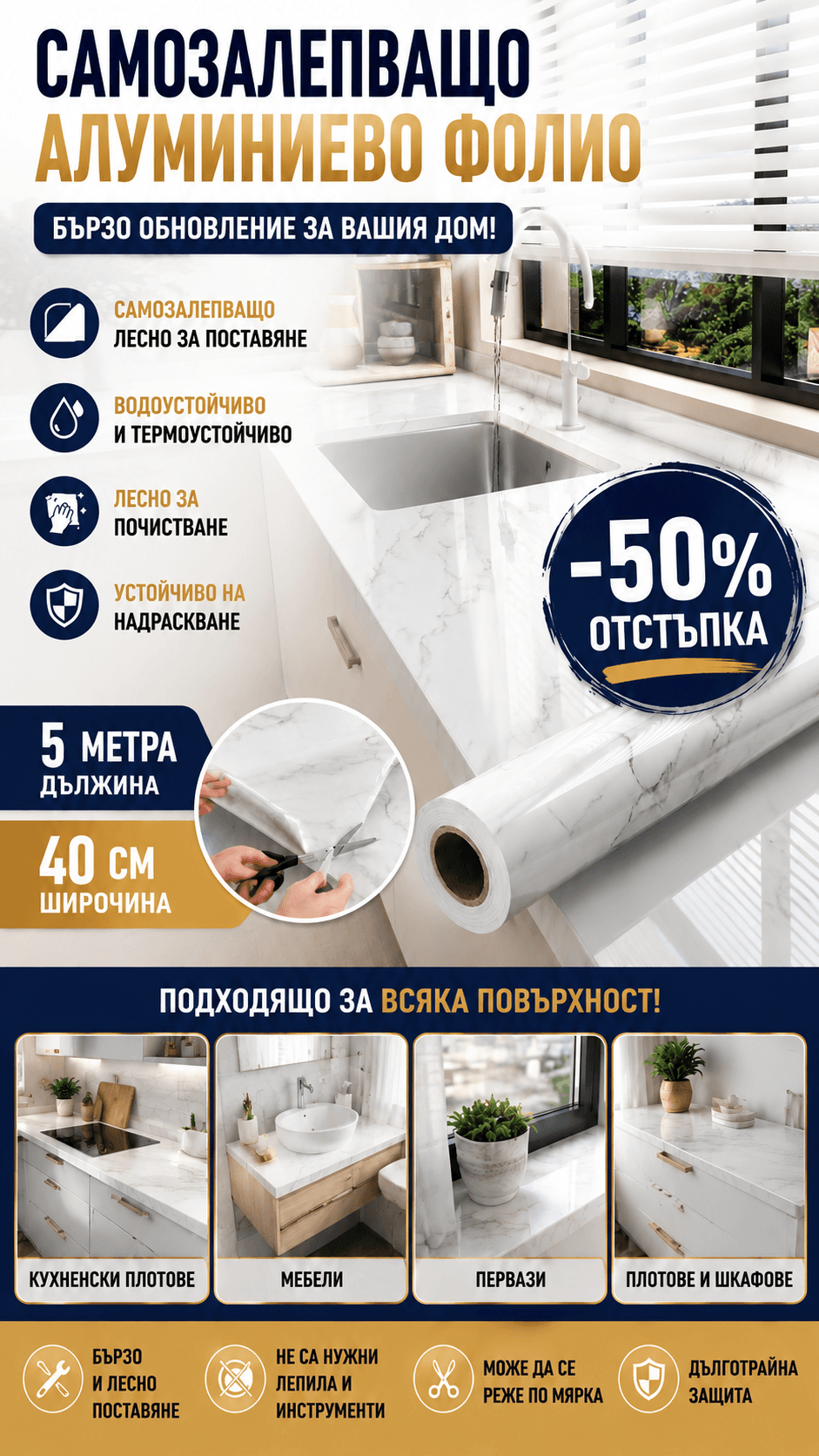 Самозалепващо фолио за мебели (5 м)