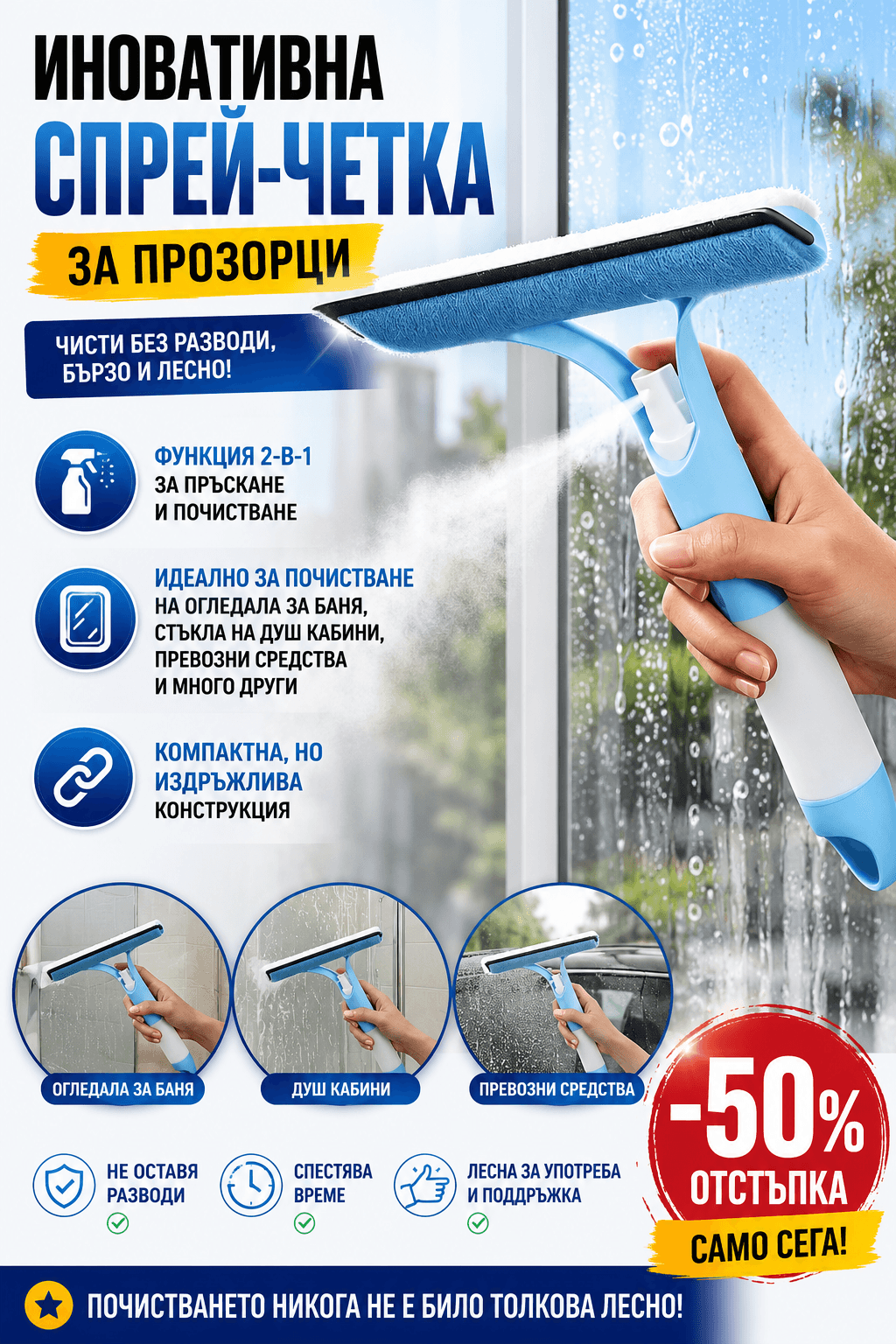 Спрей четка 2 в 1 за прозорци