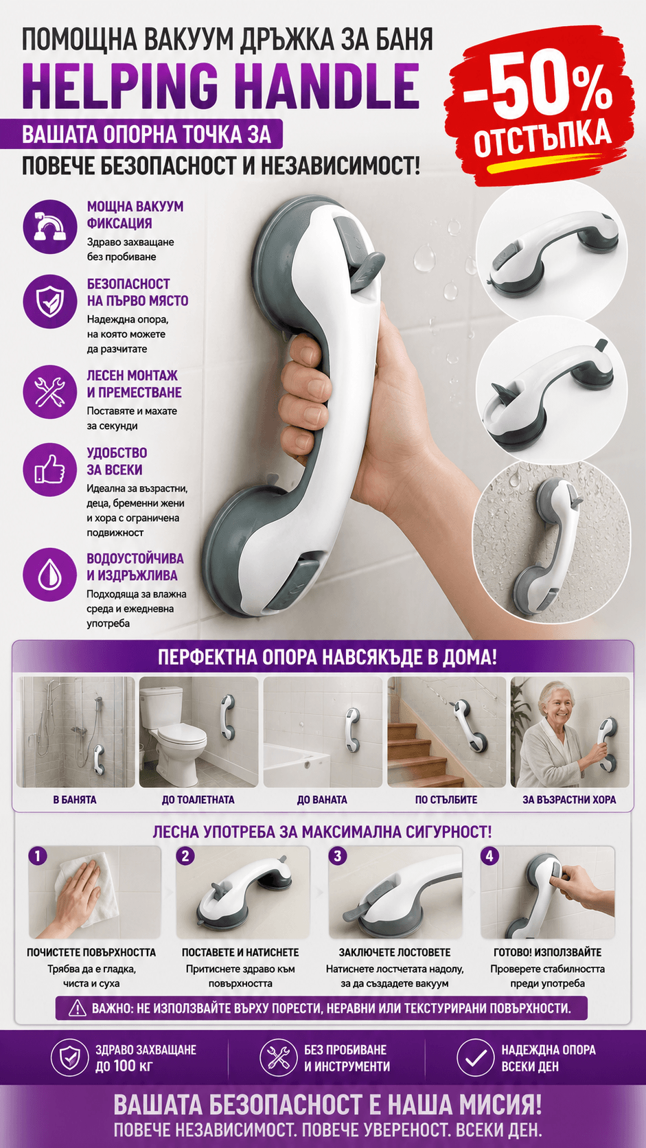 Помощна дръжка с вакуумни вендузи