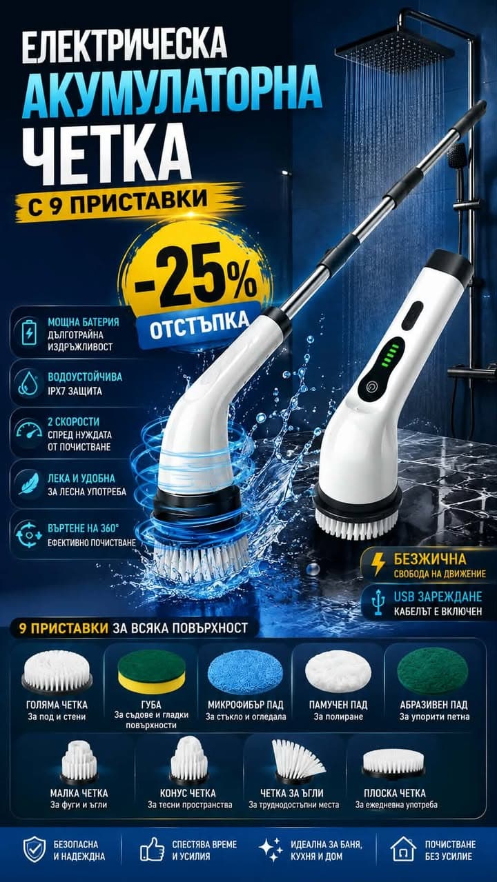Електрическа въртяща се четка за почистване ROTOBRUSH (9 приставки)